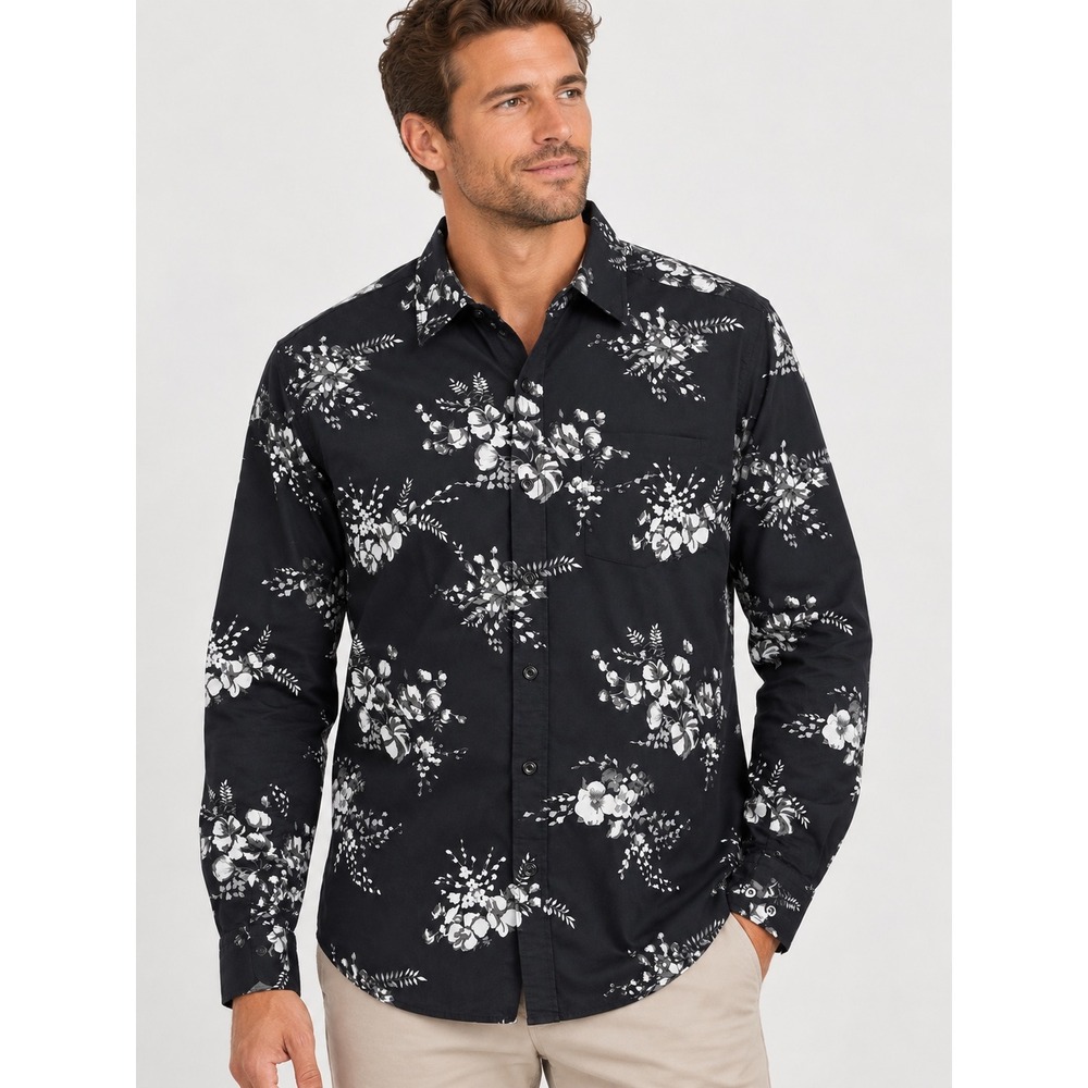 Tommy Bahama Island Modern Fit Mens Large Black White Floral Cotton Button Down